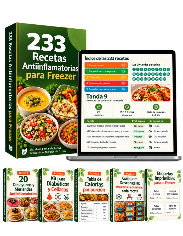Recetario 233 Recetas Antiinflamatorias para Freezer con sus 4 bonos y las etiquetas imprimibles de regalo