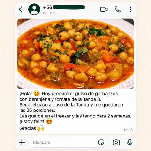 Testimonio real: guiso de garbanzos con berenjena y tomate de la Tanda 3, con las 25 porciones listas